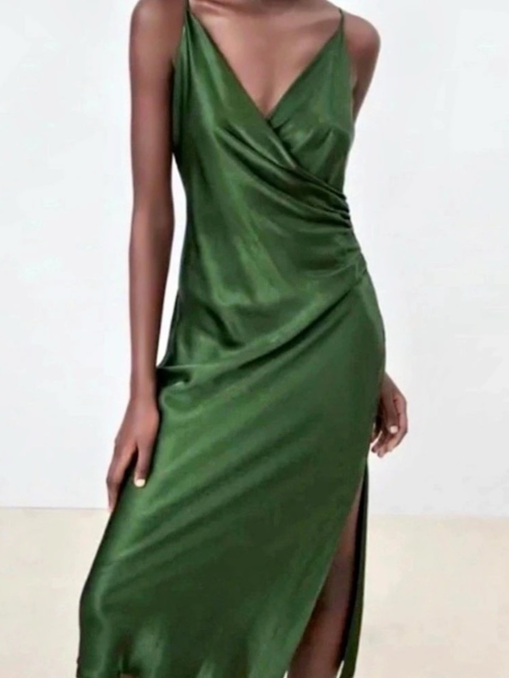 Zara Satin Effect Midi Dress with Side Slit Green